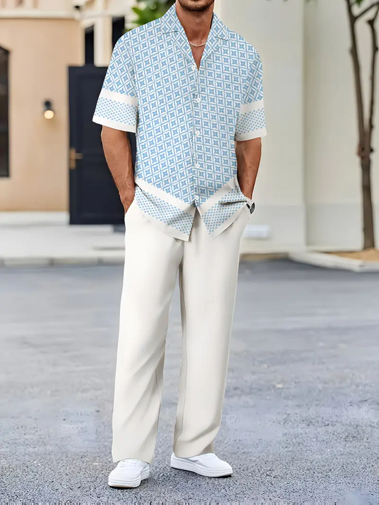 Men's Blue & White Printed Suit-Inspired Shirt & Pants Set