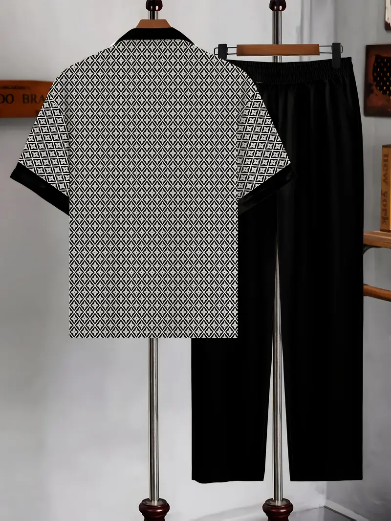 Men's Black & White Printed Suit-Inspired Shirt & Pants Set