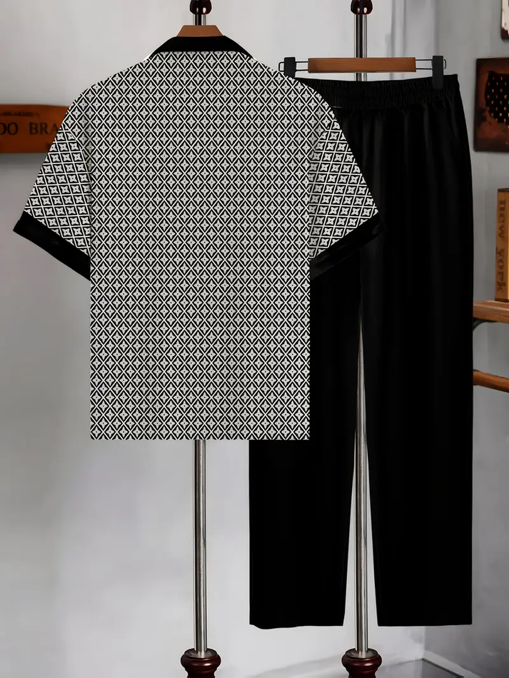 Men's Black & White Printed Shirt & Pants Set