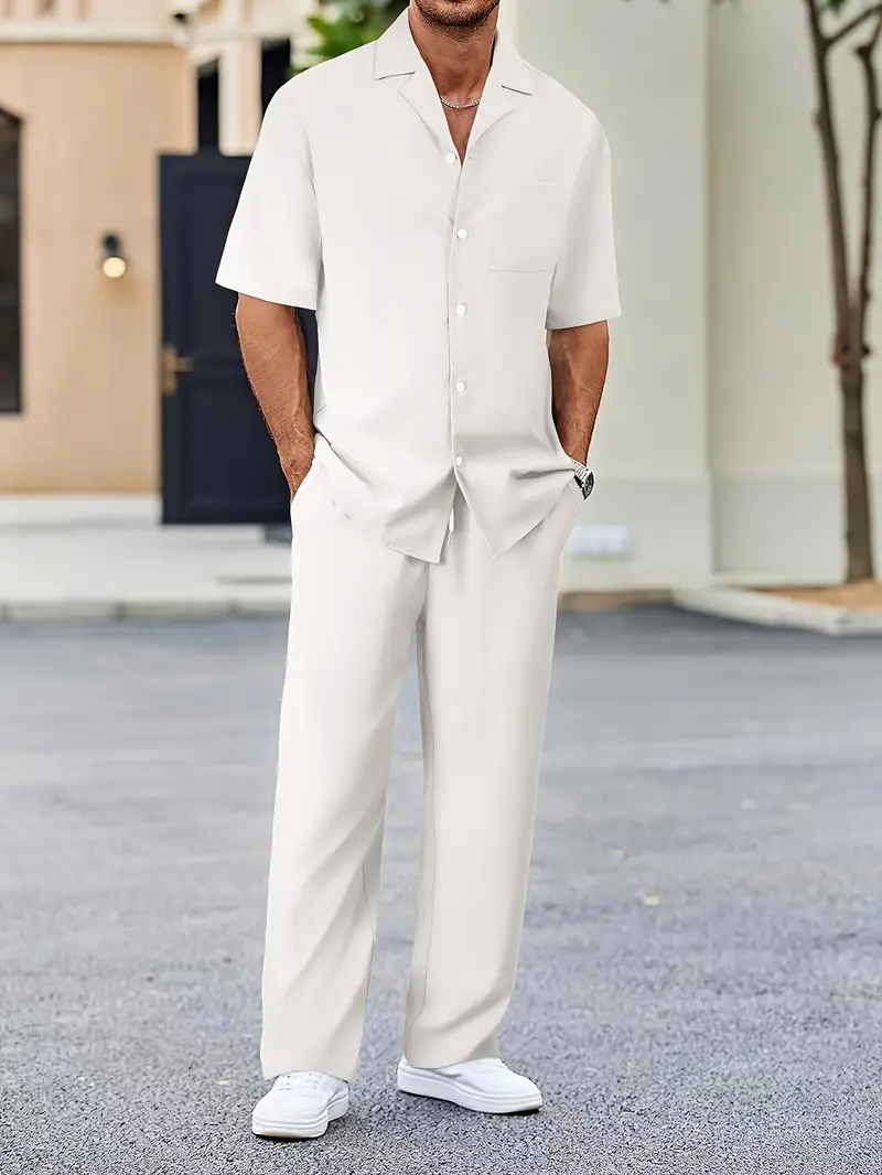 Men's White Casual Suit-Inspired Shirt & Pants Set