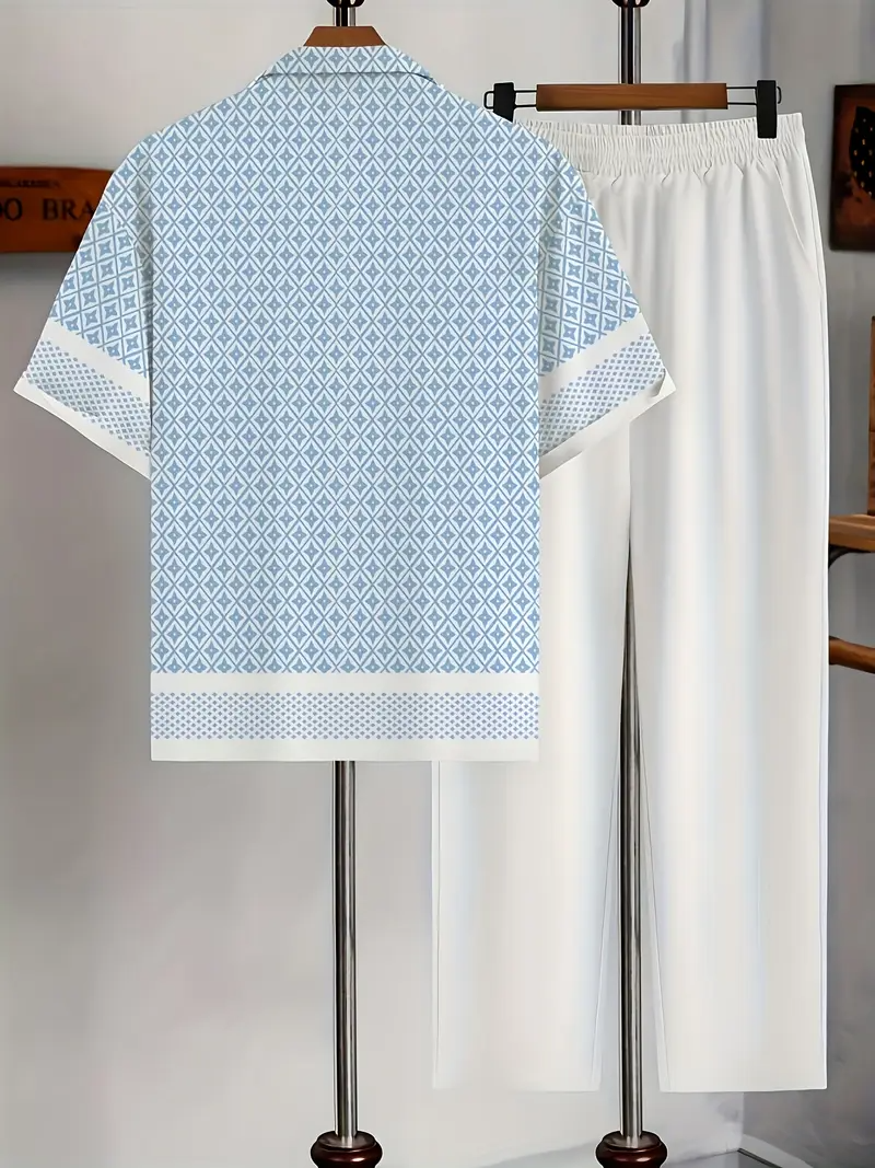 Men's Blue & White Printed Suit-Inspired Shirt & Pants Set