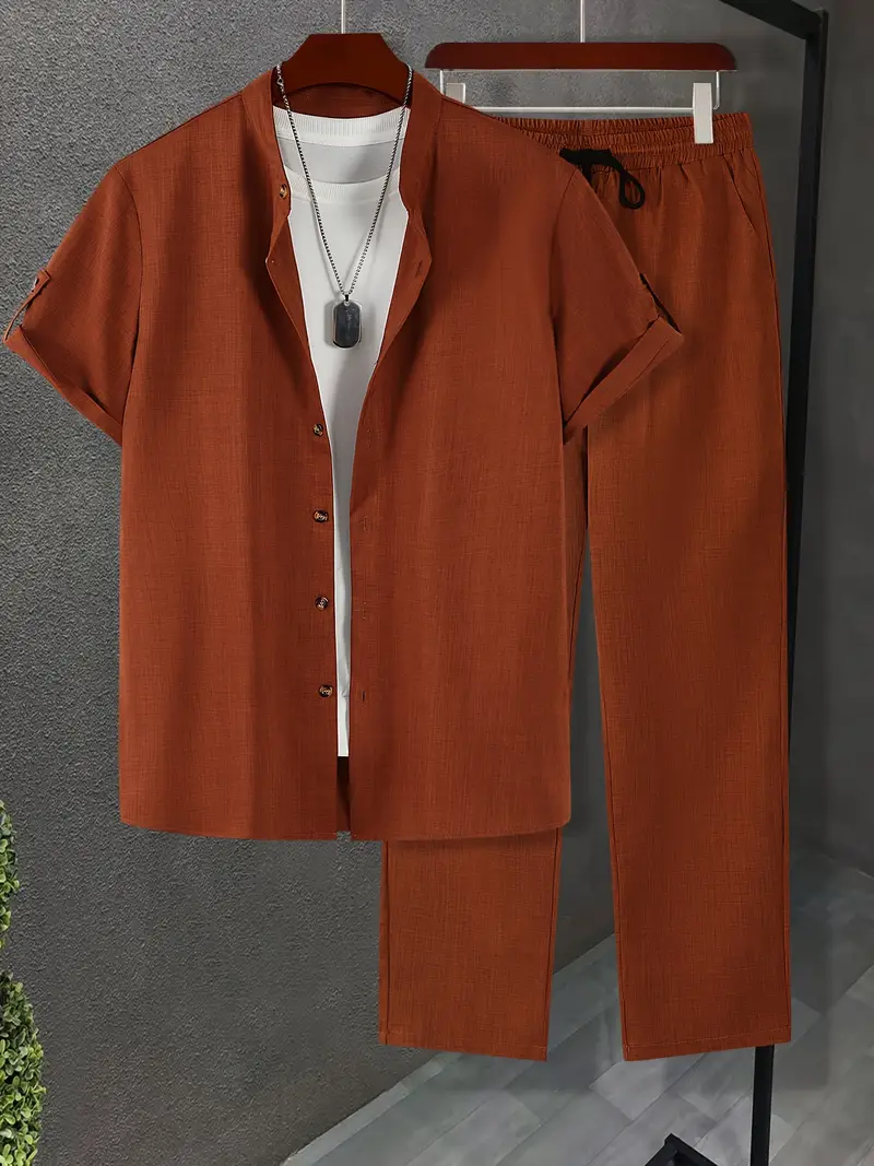 Men's Rust Casual Sleeve Button Shirt & Pants Set