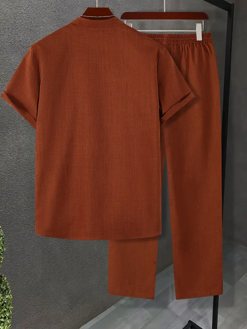 Men's Rust Casual Sleeve Button Shirt & Pants Set