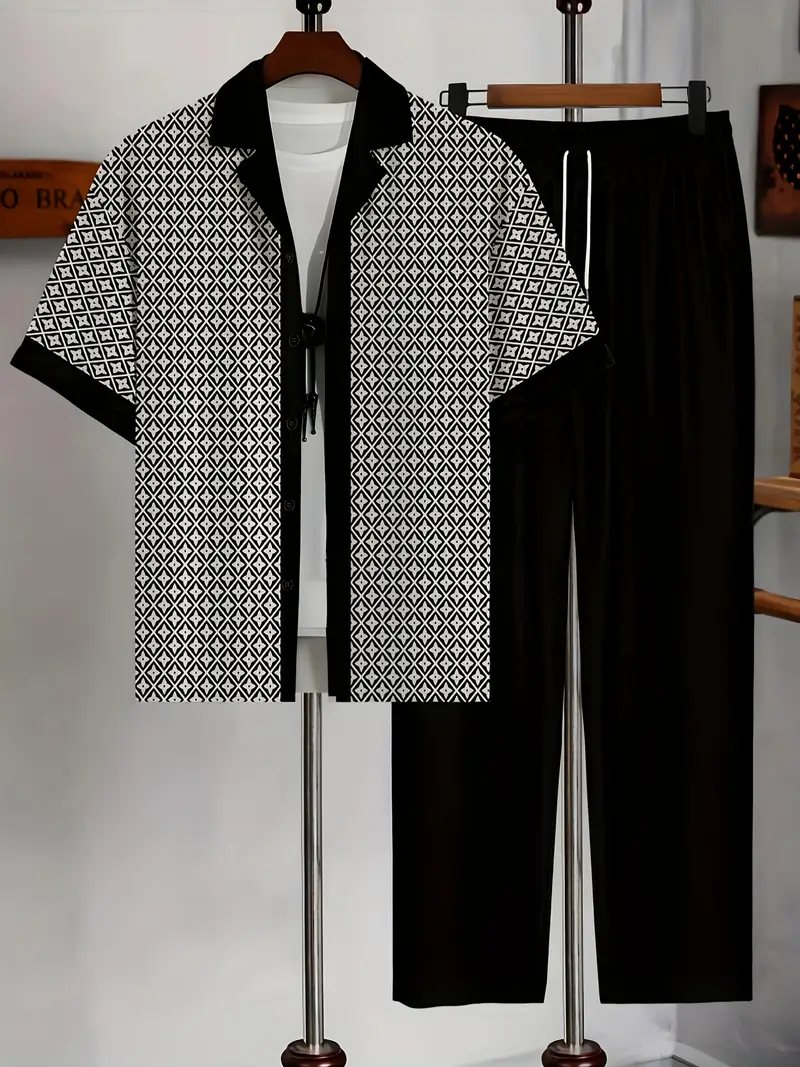Men's Black & White Printed Suit-Inspired Shirt & Pants Set