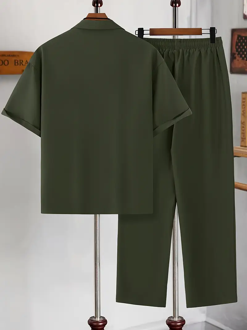 Men's Army Green Casual Suit-Inspired Shirt & Pants Set