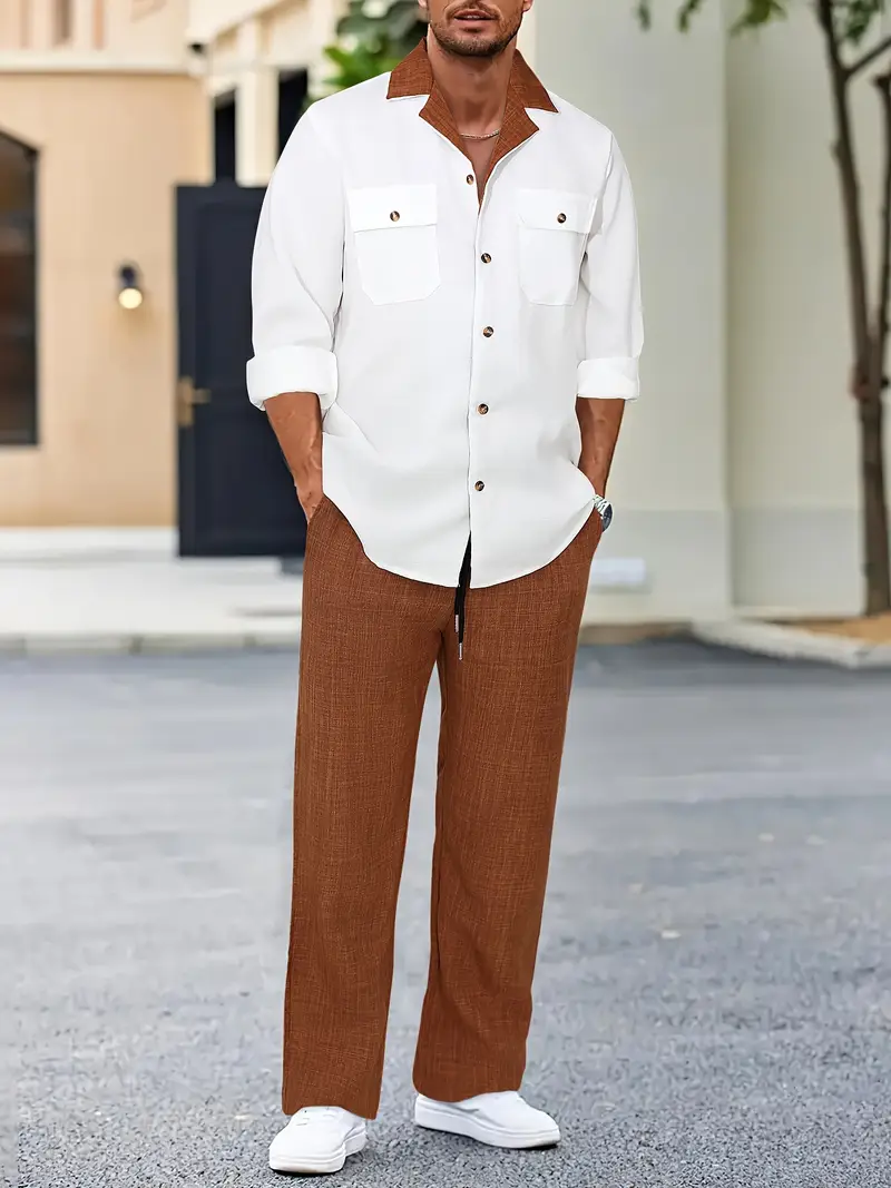 Men's Brown & White Suit-Inspired Full Sleeve Shirt & Pants Set
