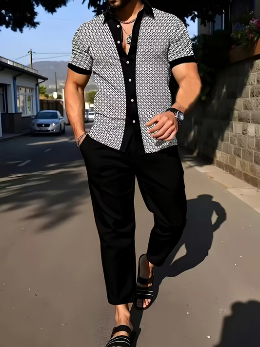 Men's Black & White Printed Shirt & Pants Set