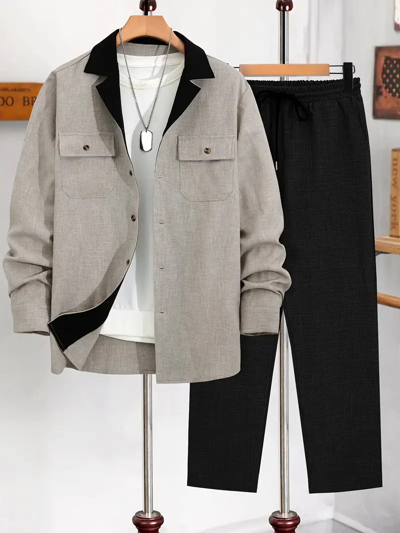 Men's Khaki & Black Suit-Inspired Full Sleeve Shirt & Pants Set