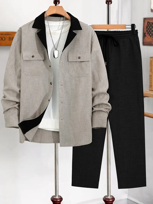 Men's Khaki & Black Suit-Inspired Full Sleeve Shirt & Pants Set