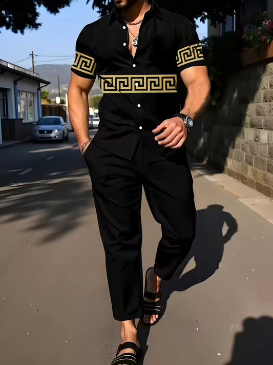 Men's Black Printed Shirt & Pants Set