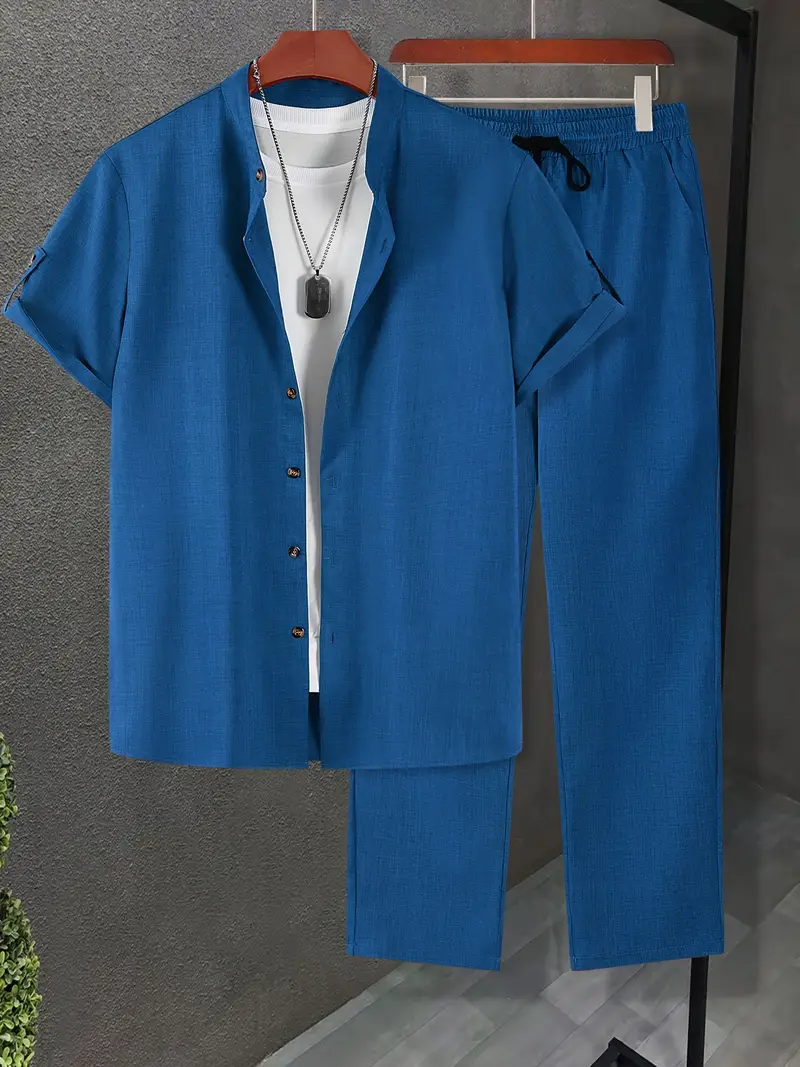 Men's Royal Blue Casual Sleeve Button Shirt & Pants Set