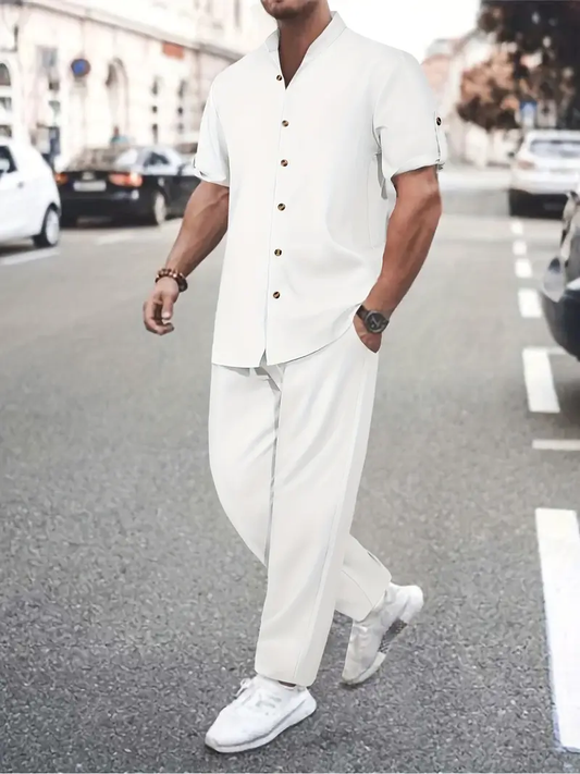 Men's White Casual Sleeve Button Shirt & Pants Set