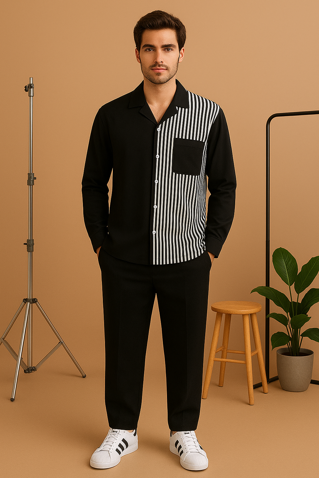 Men's Black & White Lining Shirt & Pants Set